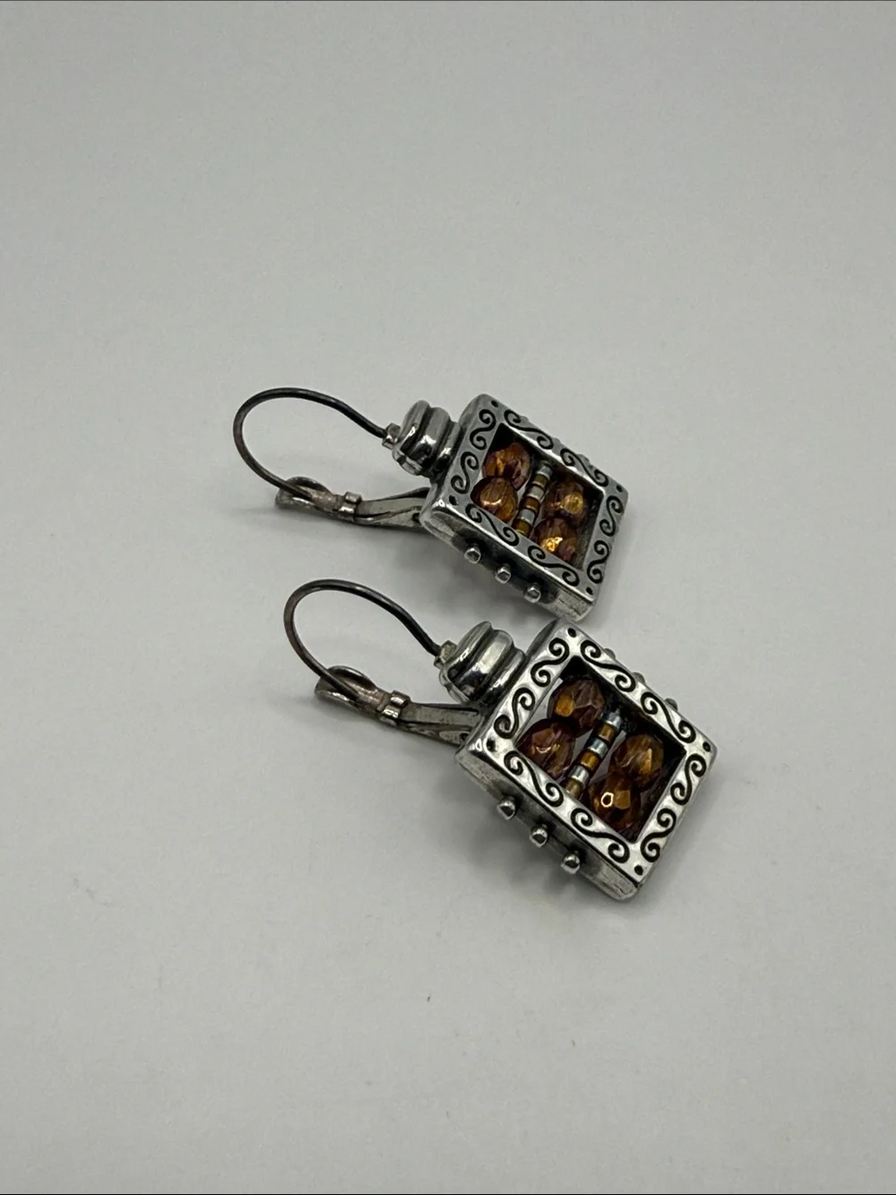 Vintage Brighton Silver Tone Amber Colored Beaded Square Dangle Drop Earrings